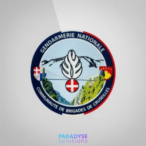 Patch sublimé personnalisé COB Cruseilles de la Gendarmerie Nationale, dégradés de couleurs et rendu graphique fidèle