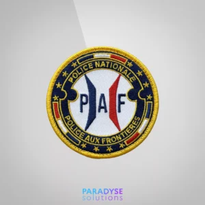 Patch brodé personnalisé pour la Police Aux Frontières (PAF), rendu textile traditionnel avec bordure Merrow