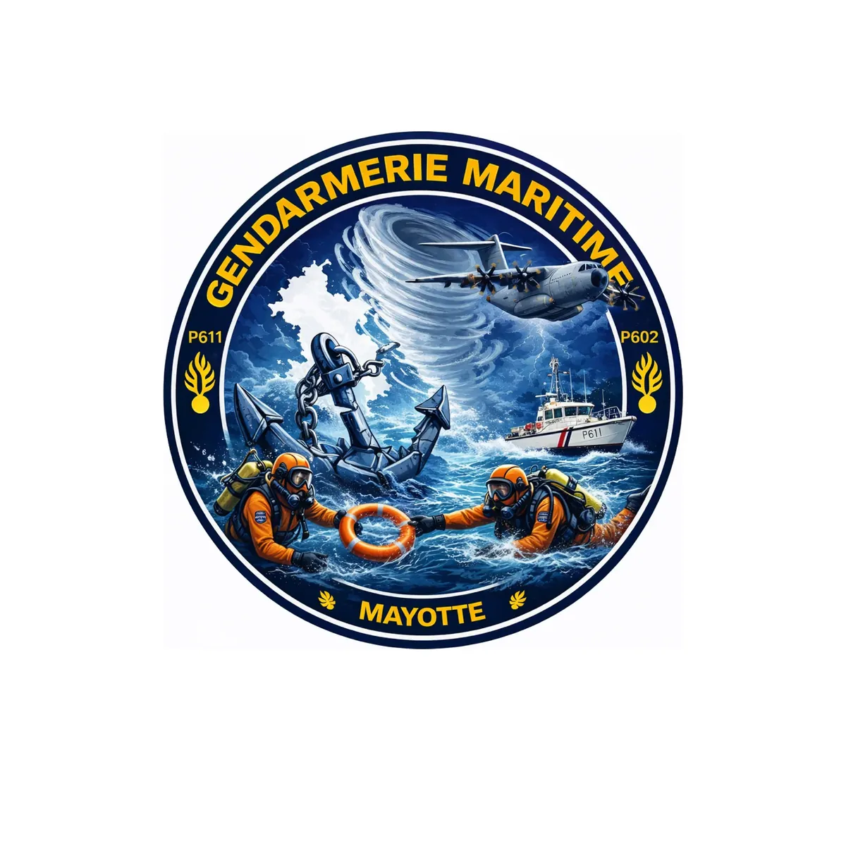 Concept IA du patch Gendarmerie maritime Chido