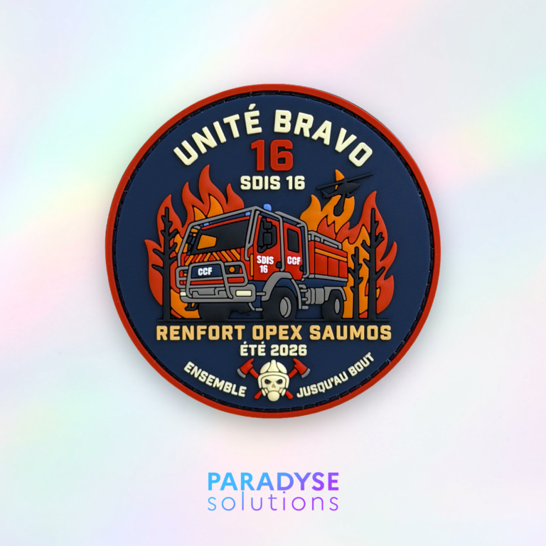 Patch PVC Unité Bravo 16 des sapeurs-pompiers sur fond holographique.