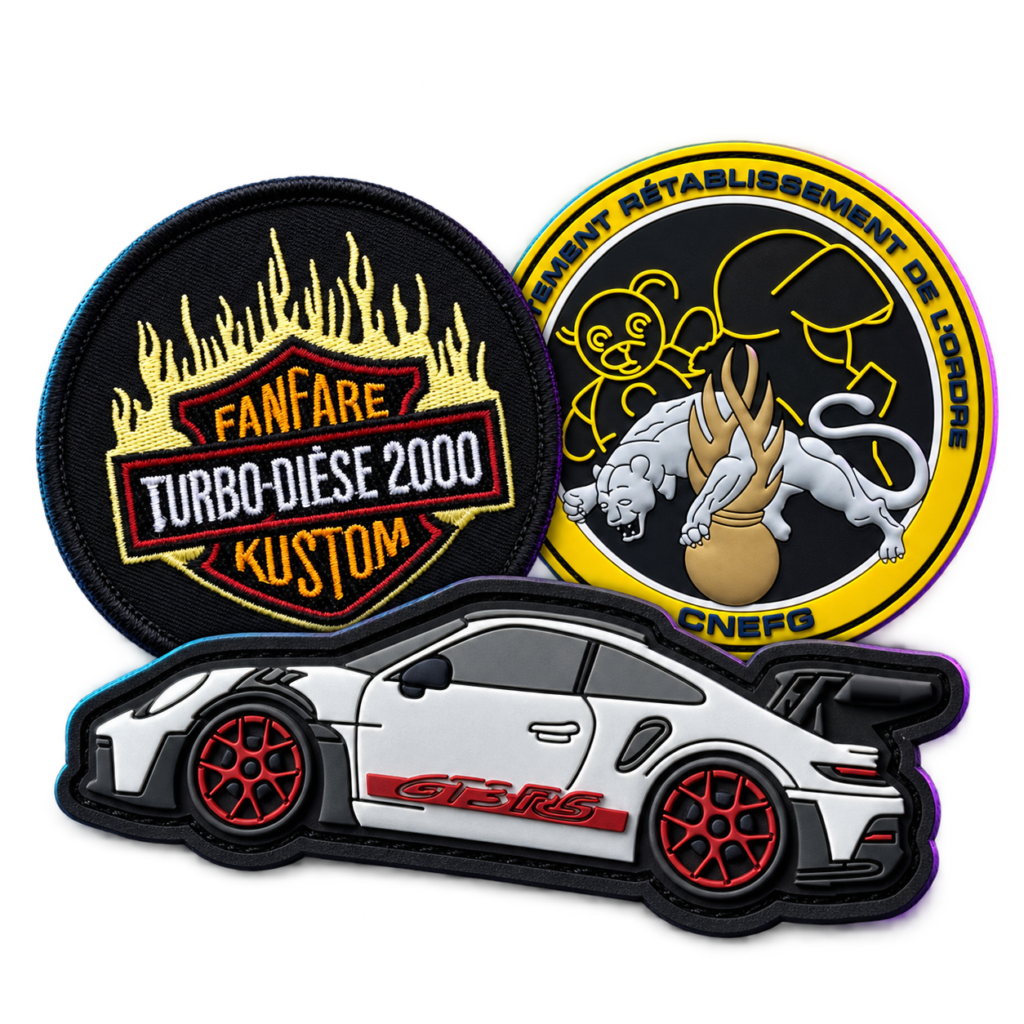 Composition illustrative de patchs Porsche GT3 RS, Fanfare Turbo-Dièse 2000 et CNEFG Septembre en or.