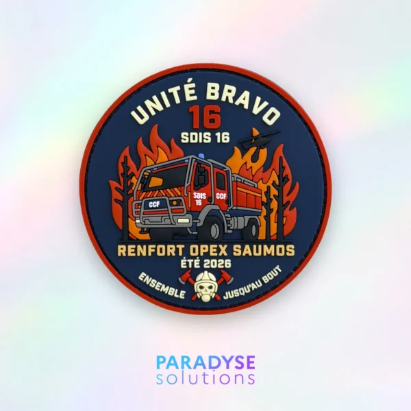 Patch PVC Unité Bravo 16 des sapeurs-pompiers sur fond holographique.