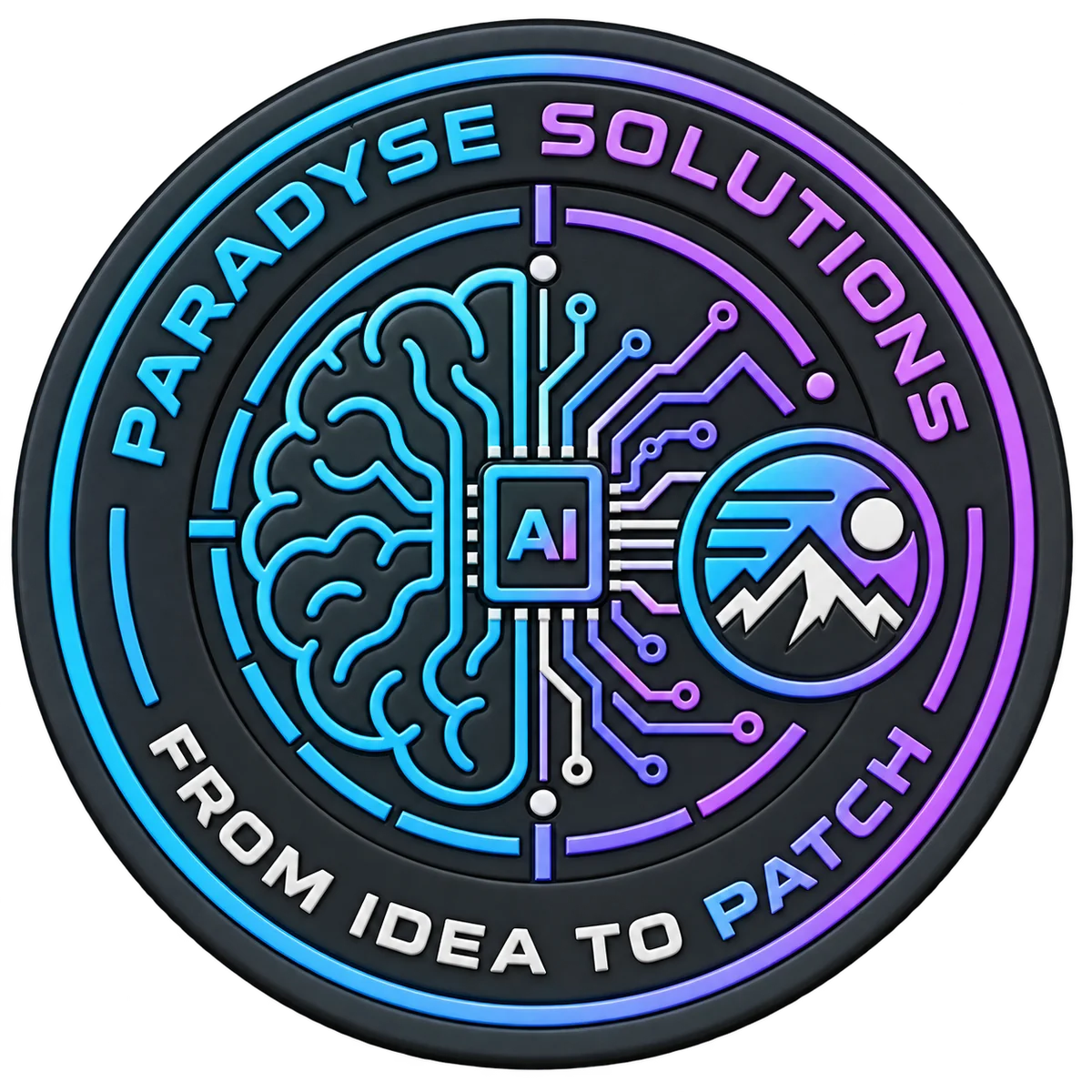Illustration IA d’un patch Paradyse Solutions associant cerveau, circuits et dessin, en bleu et violet.